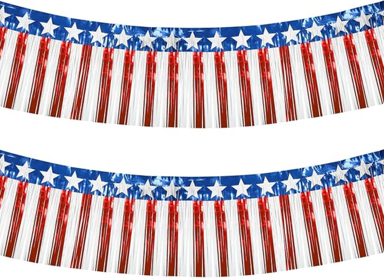 4th of July Decorations 2 Pack 40Ft Foil Fringe Garland Tinsel Streamers, Red White Blue Hanging Fringe Backdrop Banner Table Skirts for Parade Floats Patriotic Party Decor (Star 2)